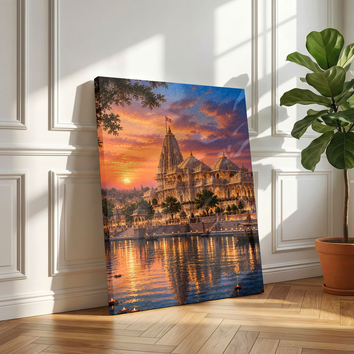 Ayodhya Ram Mandir | Sacred Sarayu Sunset Temple Heritage Canvas Curate Gallery Wrap Premium Wall Art Canvas by MeriDeewar