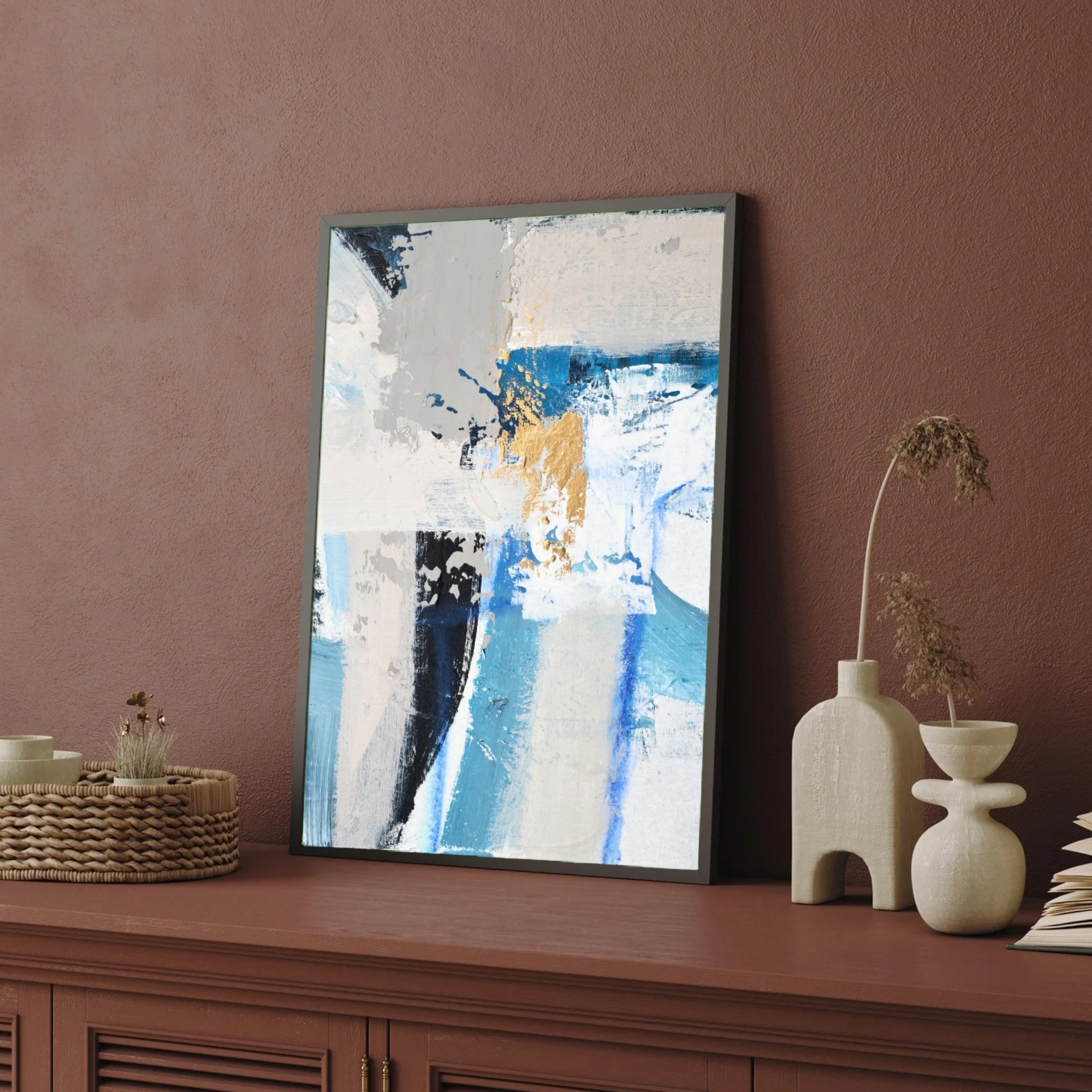 Azure Silence – Abstract Blue & Gold Wall Art 2 : 3 Vertical Premium Wall Art Canvas by MeriDeewar