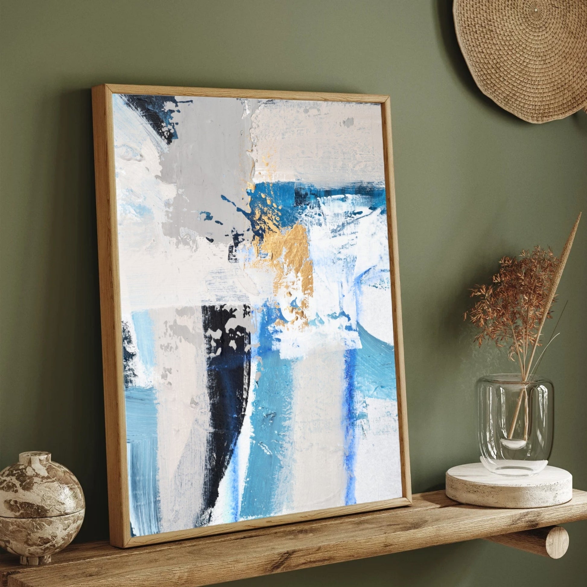 Azure Silence – Abstract Blue & Gold Wall Art 2 : 3 Vertical Premium Wall Art Canvas by MeriDeewar