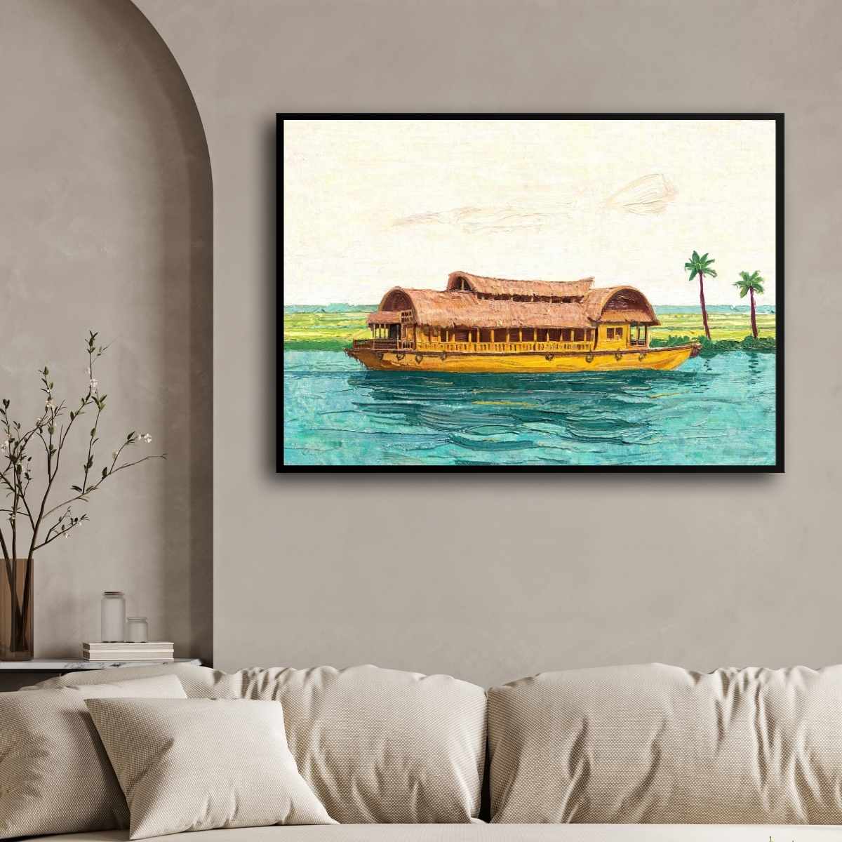 "Backwater Serenade" Kerala Houseboat Landscape Giclée Print | Fine Art Wall Art 2 : 3 Horizontal Premium Wall Art Canvas by MeriDeewar