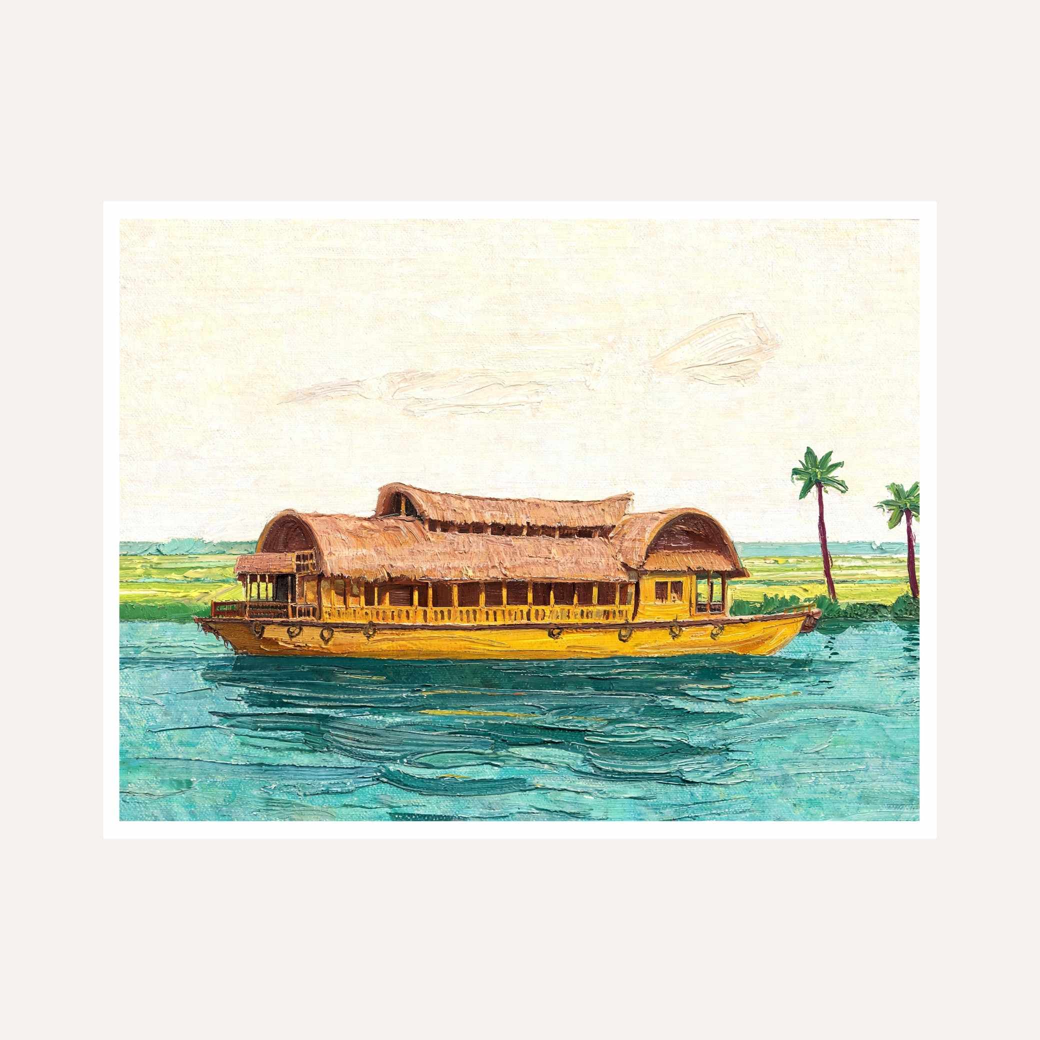"Backwater Serenade" Kerala Houseboat Landscape Giclée Print | Fine Art Wall Art 2 : 3 Horizontal Premium Wall Art Canvas by MeriDeewar
