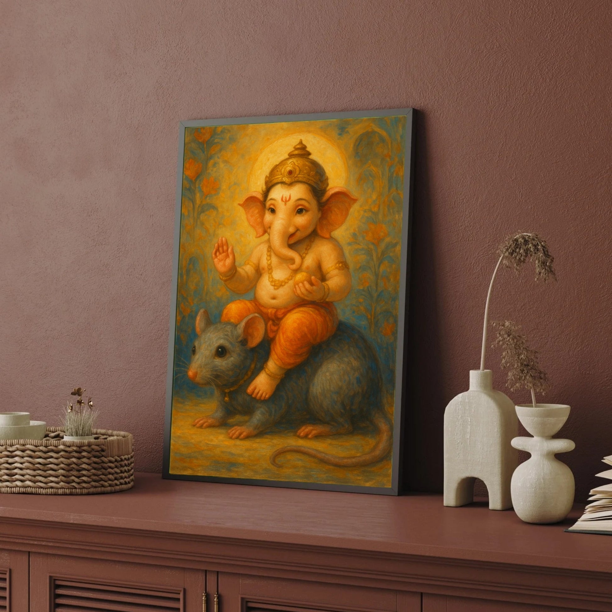 Bal Ganesha Wall Art – Child Lord Ganesha with Mouse Premium Wall Art Canvas by MeriDeewar