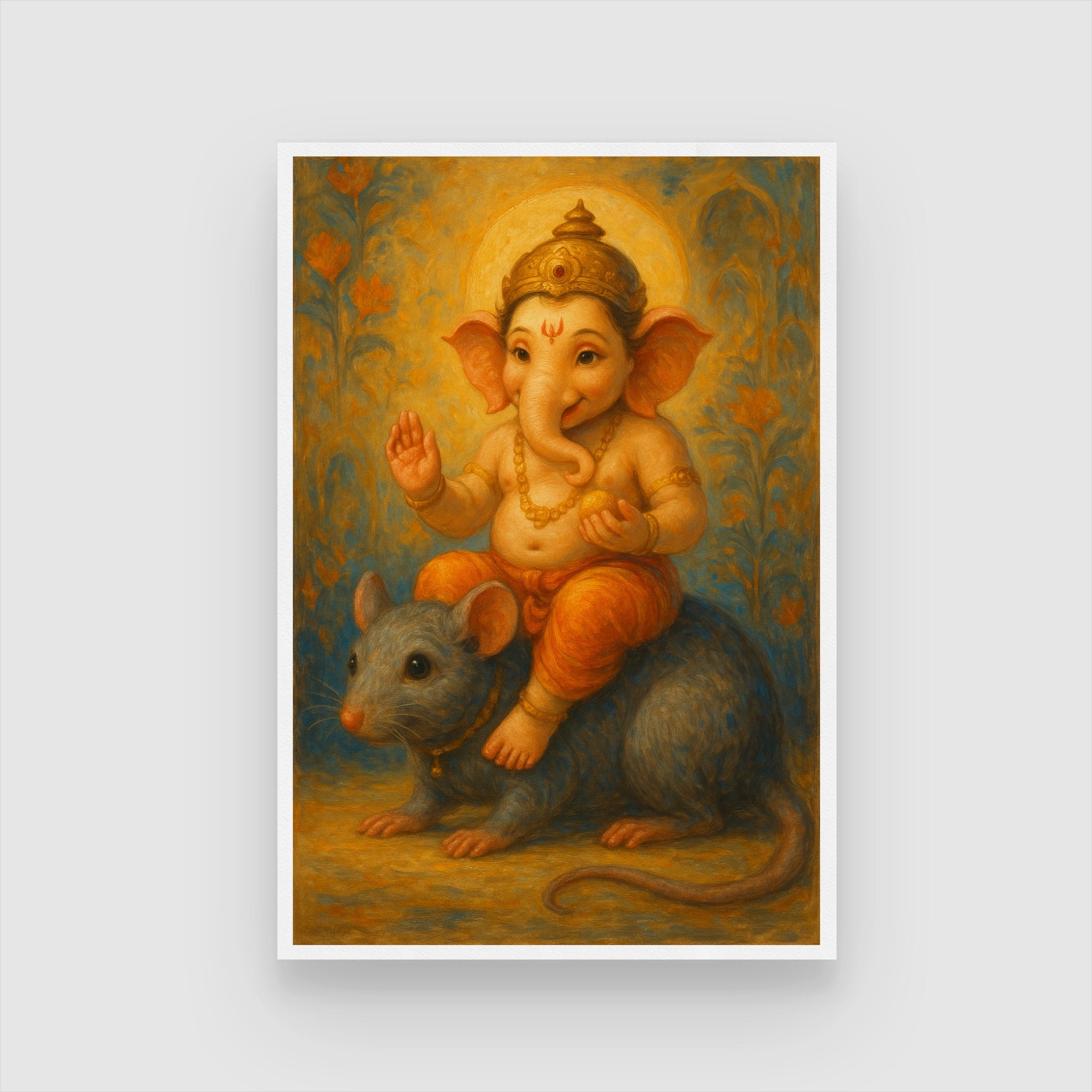Bal Ganesha Wall Art – Child Lord Ganesha with Mouse Premium Wall Art Canvas by MeriDeewar