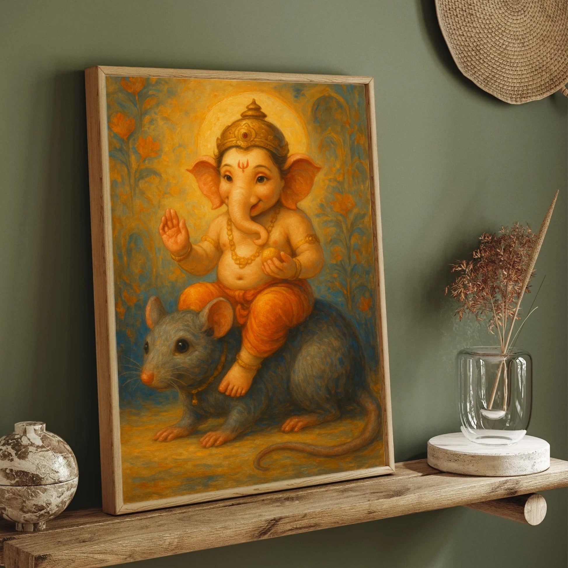 Bal Ganesha Wall Art – Child Lord Ganesha with Mouse Premium Wall Art Canvas by MeriDeewar