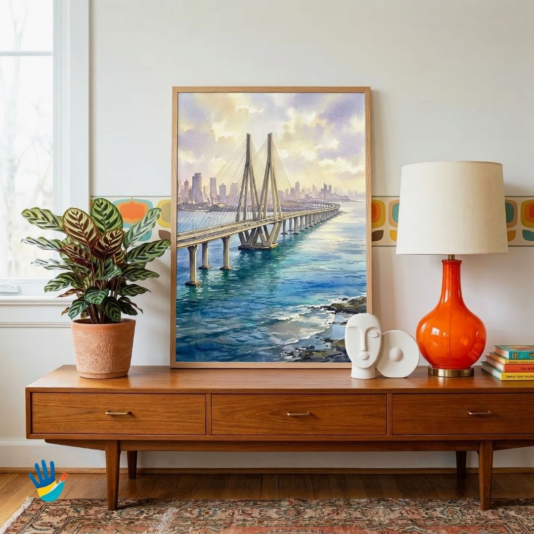 Bandra-Worli Sea Link | Mumbai Coastal Skyline Watercolor Framed Art 3 : 4 Vertical Premium Wall Art Canvas by MeriDeewar