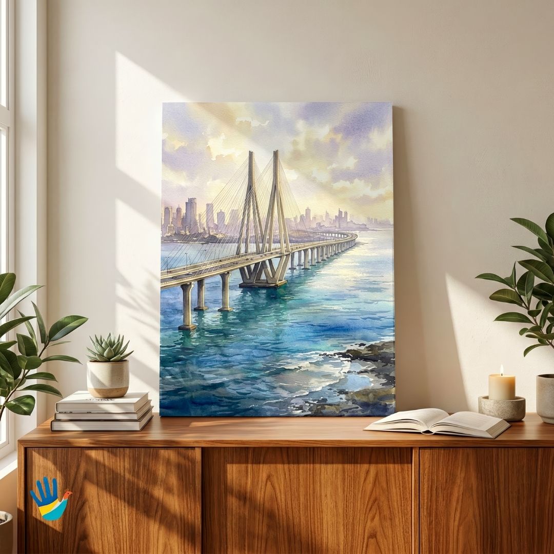 Bandra-Worli Sea Link | Mumbai Coastal Skyline Watercolor Framed Art 3 : 4 Vertical Premium Wall Art Canvas by MeriDeewar