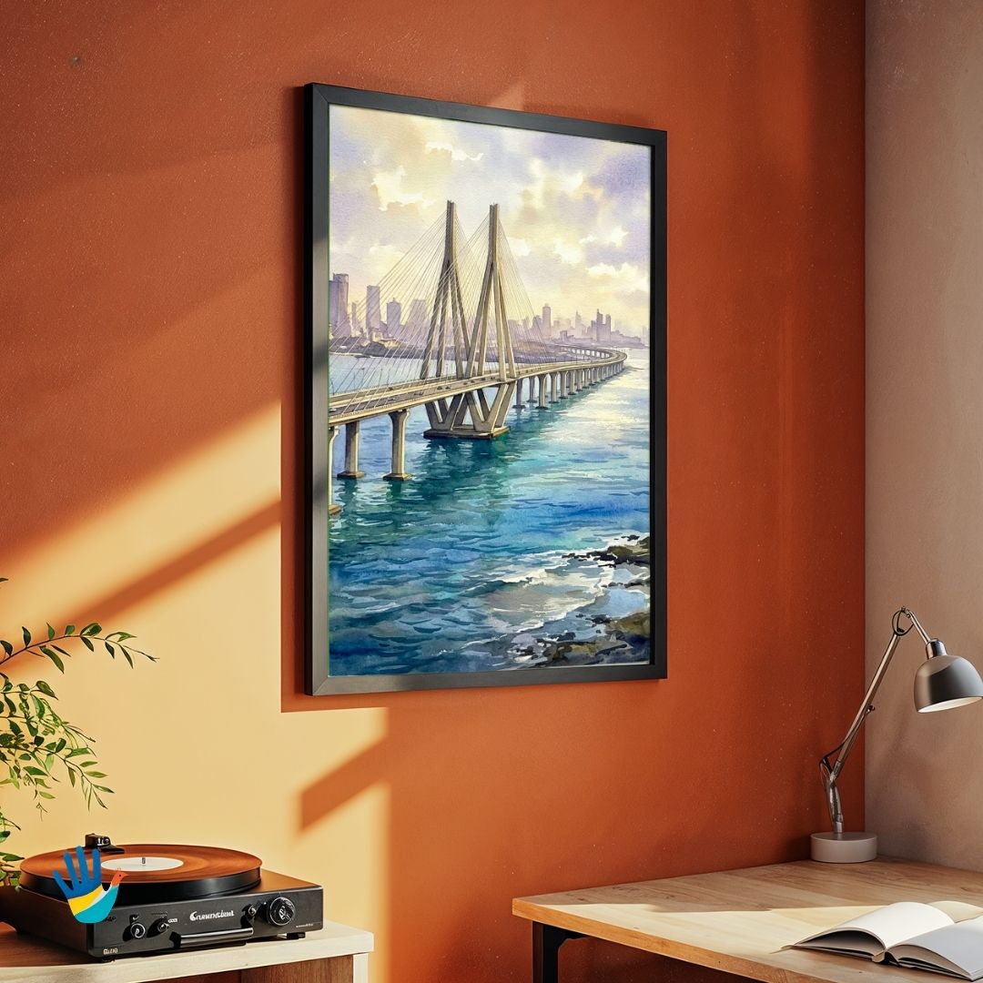 Bandra-Worli Sea Link | Mumbai Coastal Skyline Watercolor Framed Art 3 : 4 Vertical Premium Wall Art Canvas by MeriDeewar