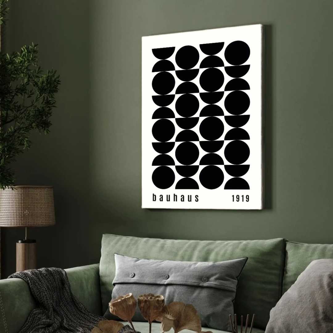 Bauhaus "1919" Alternating Circles & Geometric Semi-Circle Grid Poster | Vertical High-Contrast White Framed Wall Art 2 : 3 Vertical Premium Wall Art Canvas by MeriDeewar