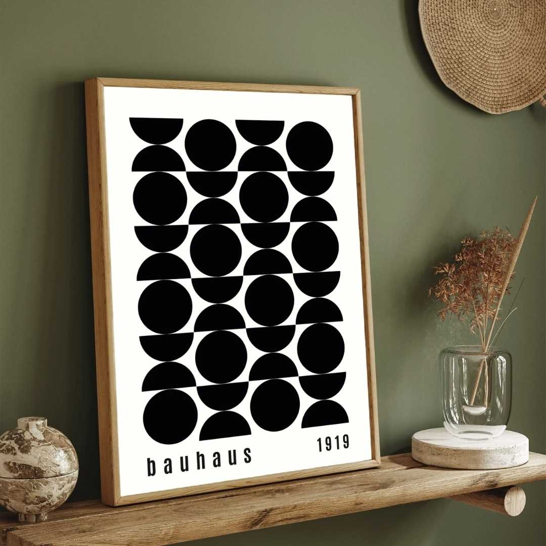 Bauhaus "1919" Alternating Circles & Geometric Semi-Circle Grid Poster | Vertical High-Contrast White Framed Wall Art 2 : 3 Vertical Premium Wall Art Canvas by MeriDeewar
