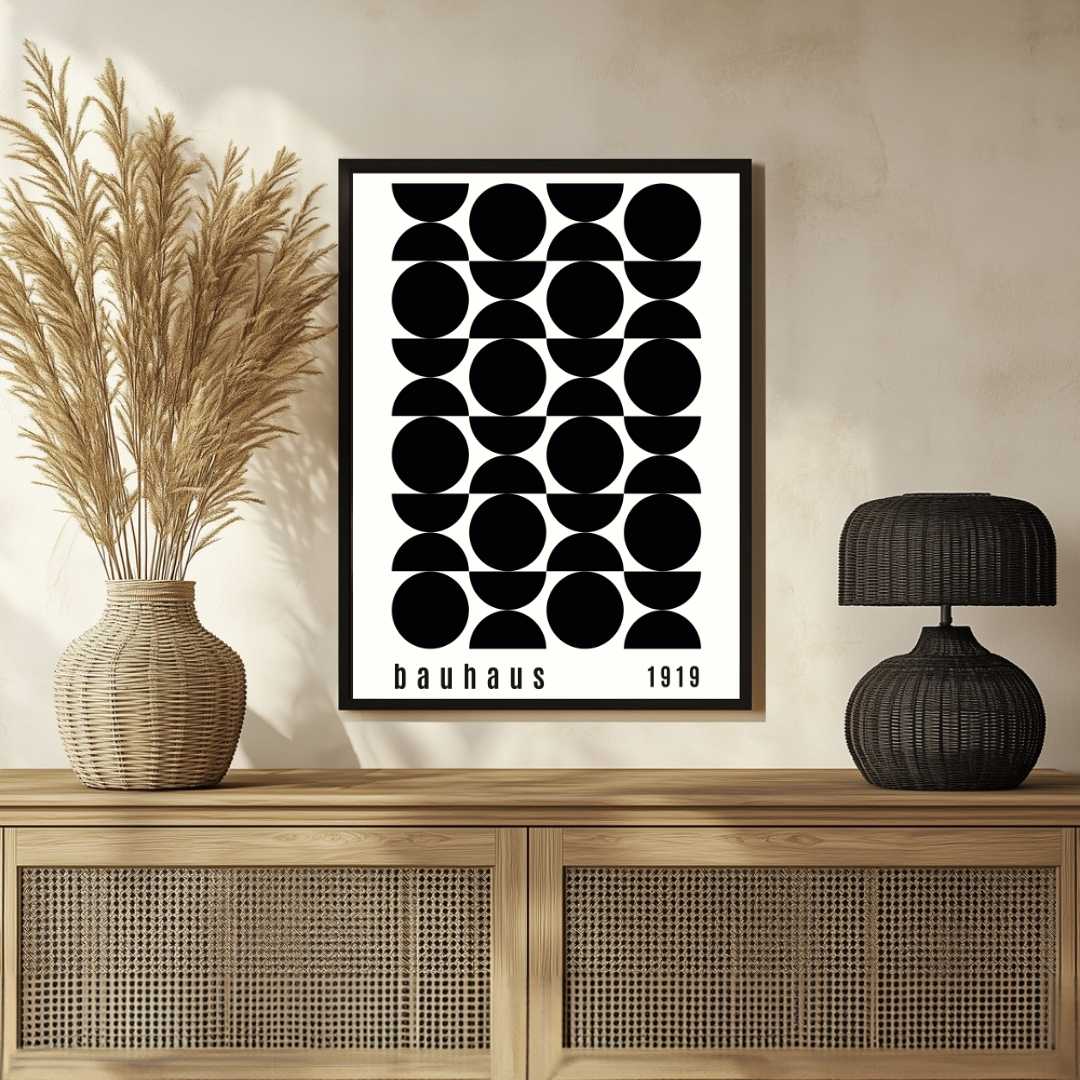 Bauhaus "1919" Alternating Circles & Geometric Semi-Circle Grid Poster | Vertical High-Contrast White Framed Wall Art 2 : 3 Vertical Premium Wall Art Canvas by MeriDeewar