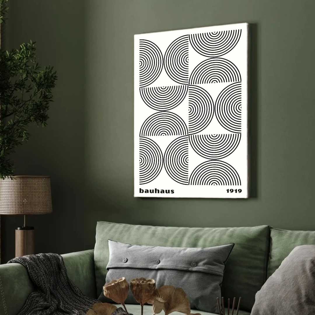 Bauhaus 1919 Geometric Concentric Semi-Circle Arch Pattern Poster | Vertical High-Contrast White Framed Wall Art 2 : 3 Vertical Premium Wall Art Canvas by MeriDeewar