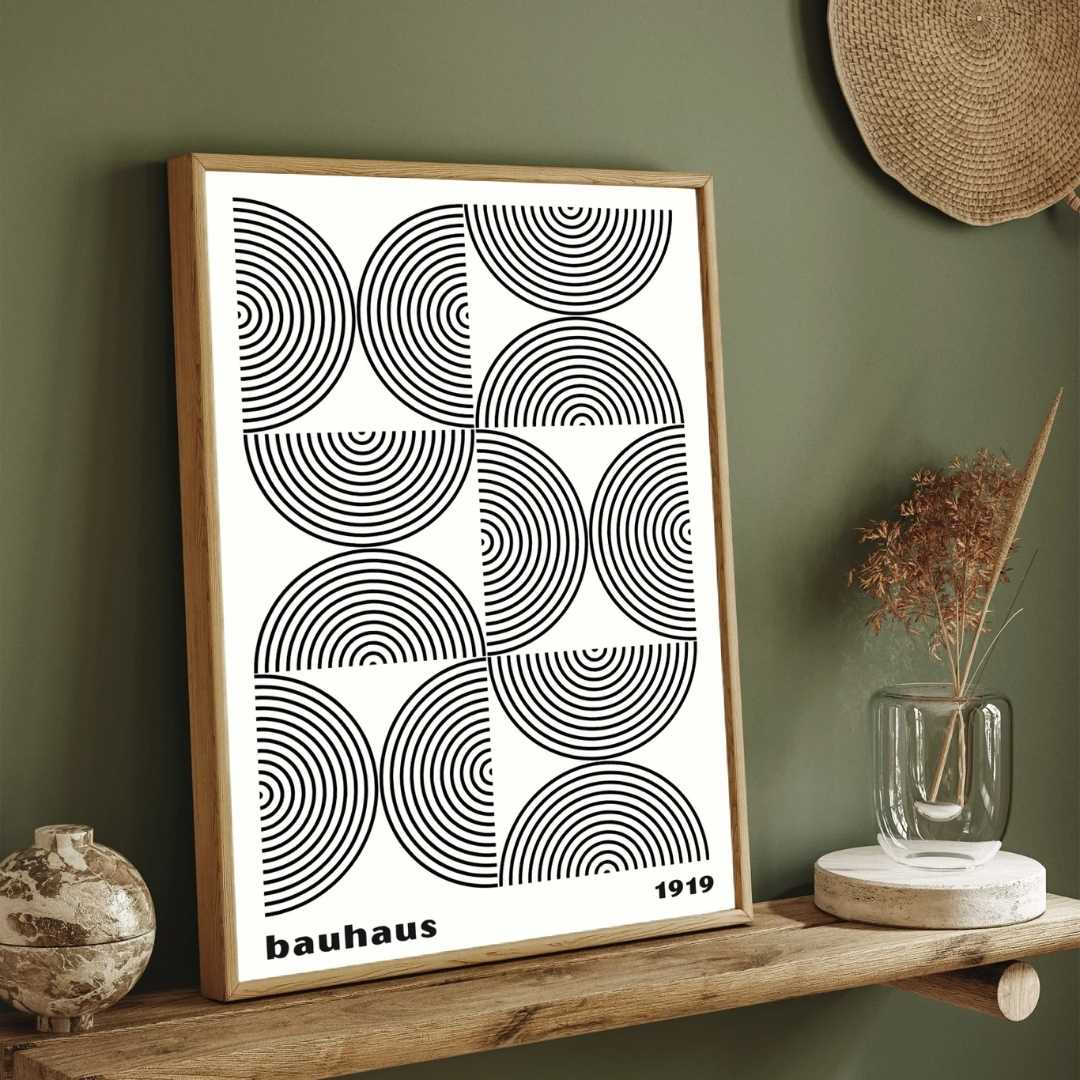 Bauhaus 1919 Geometric Concentric Semi-Circle Arch Pattern Poster | Vertical High-Contrast White Framed Wall Art 2 : 3 Vertical Premium Wall Art Canvas by MeriDeewar