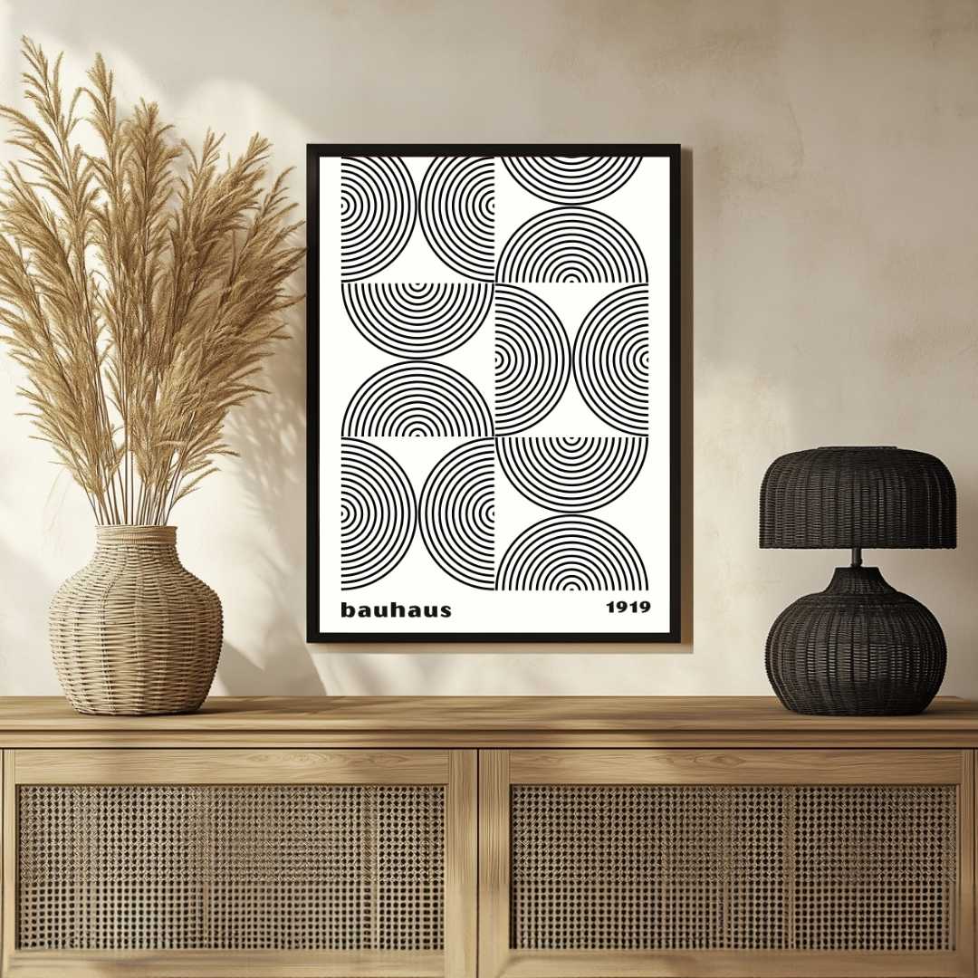 Bauhaus 1919 Geometric Concentric Semi-Circle Arch Pattern Poster | Vertical High-Contrast White Framed Wall Art 2 : 3 Vertical Premium Wall Art Canvas by MeriDeewar