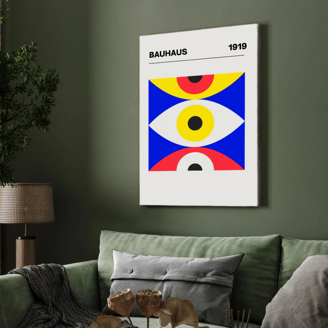 Bauhaus 1919 Geometric Eyes Exhibition Poster | Retro Minimalist Framed Print 2 : 3 Vertical Premium Wall Art Canvas by MeriDeewar