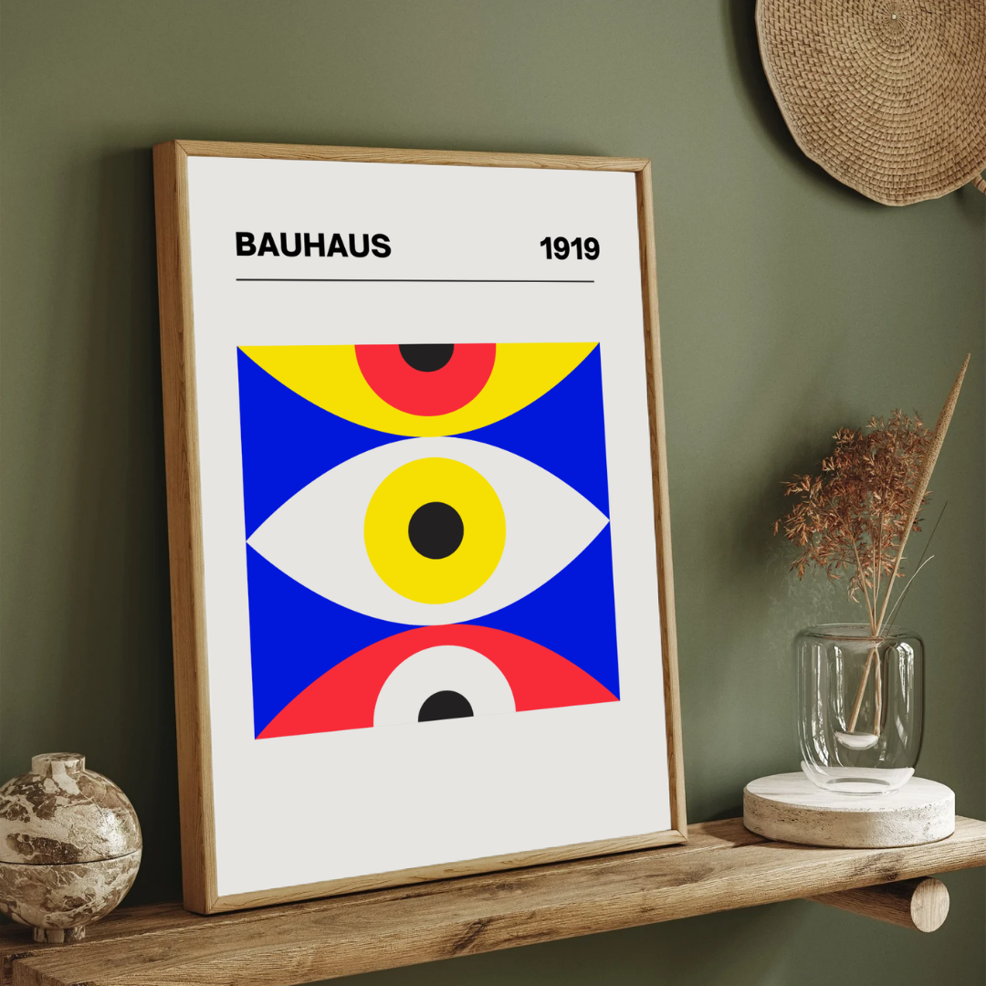 Bauhaus 1919 Geometric Eyes Exhibition Poster | Retro Minimalist Framed Print 2 : 3 Vertical Premium Wall Art Canvas by MeriDeewar