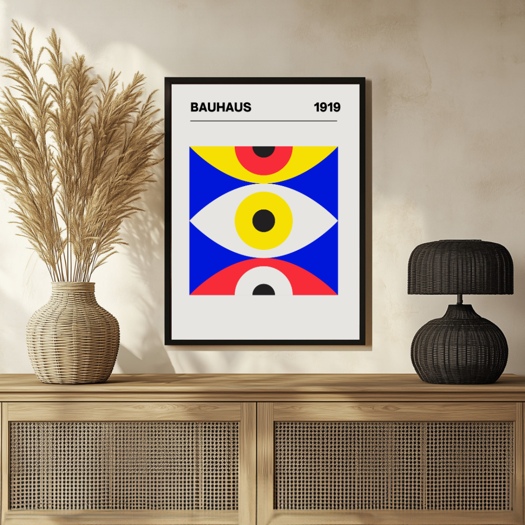 Bauhaus 1919 Geometric Eyes Exhibition Poster | Retro Minimalist Framed Print 2 : 3 Vertical Premium Wall Art Canvas by MeriDeewar