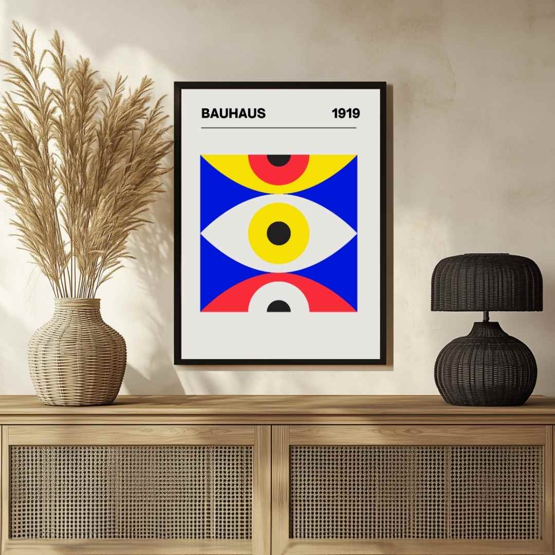 Bauhaus 1919 Geometric Eyes Exhibition Poster | Retro Minimalist Framed Print 2 : 3 Vertical Premium Wall Art Canvas by MeriDeewar