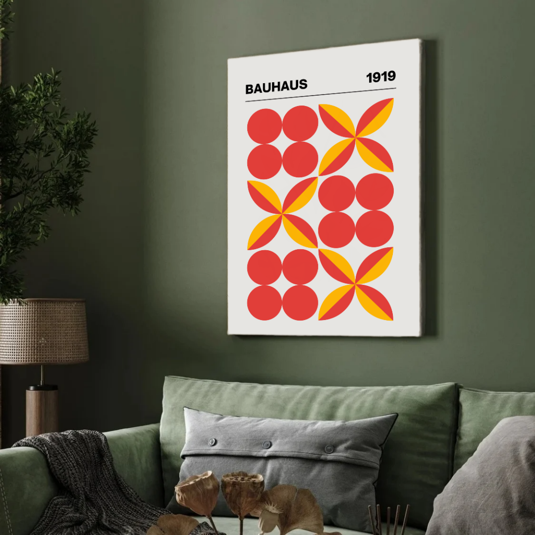 Bauhaus 1919 Geometric Floral Poster | Retro Red & Yellow Framed Print 2 : 3 Vertical Premium Wall Art Canvas by MeriDeewar