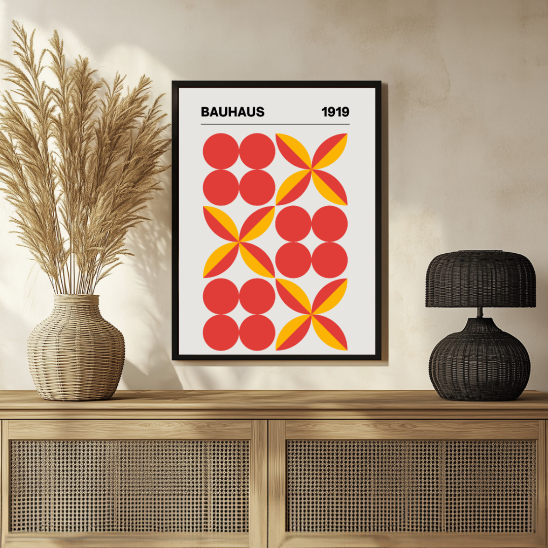 Bauhaus 1919 Geometric Floral Poster | Retro Red & Yellow Framed Print 2 : 3 Vertical Premium Wall Art Canvas by MeriDeewar