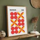 Bauhaus 1919 Geometric Floral Poster | Retro Red & Yellow Framed Print 2 : 3 Vertical Premium Wall Art Canvas by MeriDeewar
