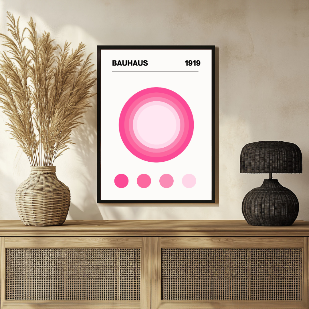 Bauhaus 1919 Pink Concentric Circles Poster | Retro Minimalist Framed Print 2 : 3 Vertical Premium Wall Art Canvas by MeriDeewar