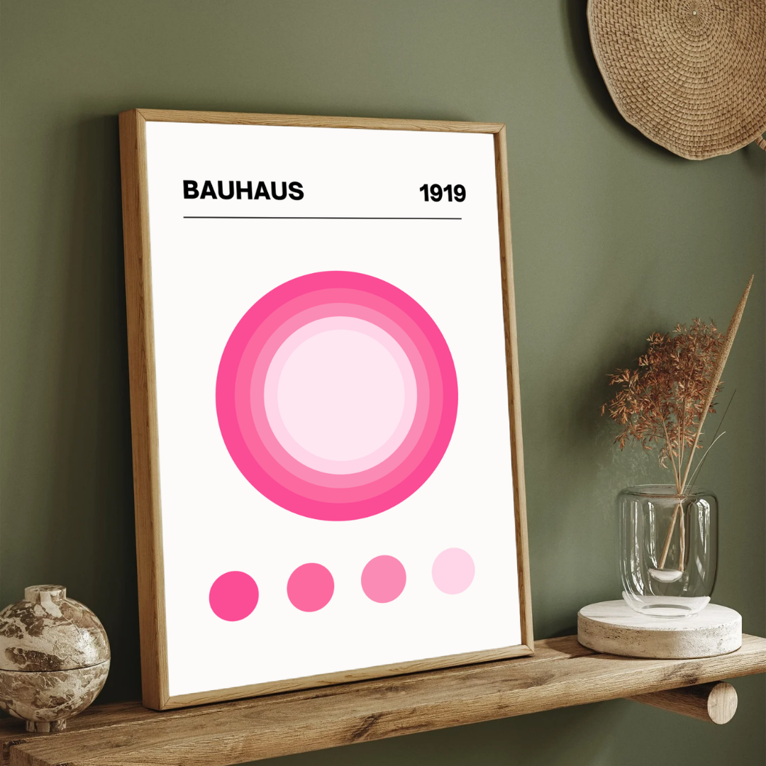 Bauhaus 1919 Pink Concentric Circles Poster | Retro Minimalist Framed Print 2 : 3 Vertical Premium Wall Art Canvas by MeriDeewar