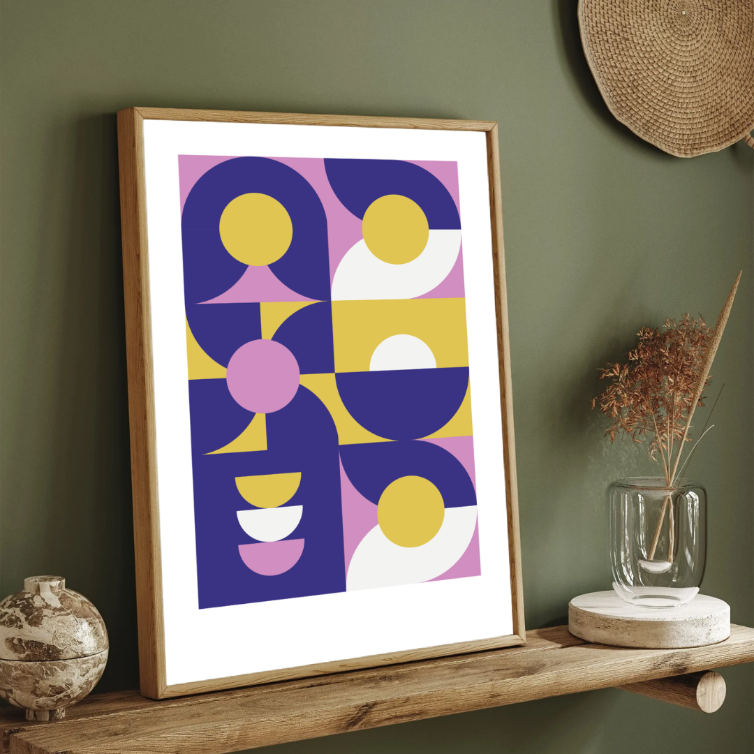 Bauhaus Abstract Geometric Indigo & Lavender Wall Art | Retro Modern Framed Print 2 : 3 Vertical Premium Wall Art Canvas by MeriDeewar