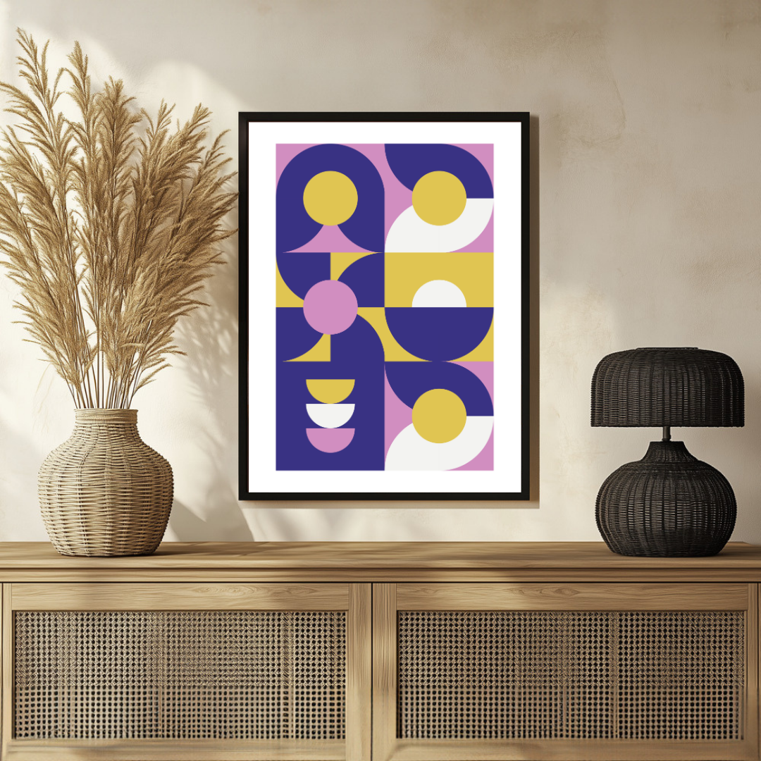 Bauhaus Abstract Geometric Indigo & Lavender Wall Art | Retro Modern Framed Print 2 : 3 Vertical Premium Wall Art Canvas by MeriDeewar