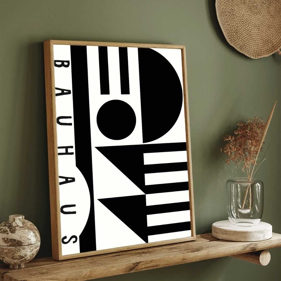 Bauhaus Abstract Geometric Shapes Totem Poster | Vertical High-Contrast White Framed Wall Art 2 : 3 Vertical Premium Wall Art Canvas by MeriDeewar