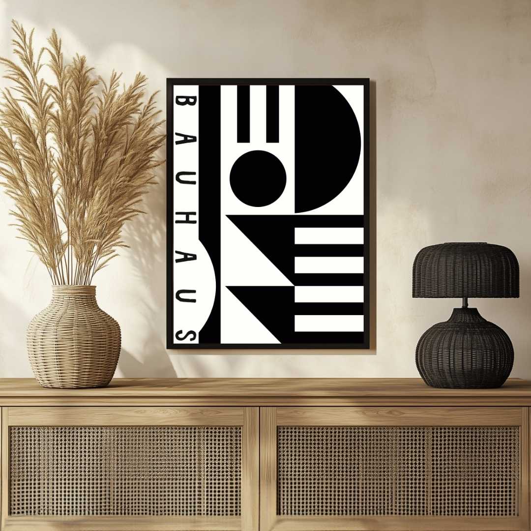 Bauhaus Abstract Geometric Shapes Totem Poster | Vertical High-Contrast White Framed Wall Art 2 : 3 Vertical Premium Wall Art Canvas by MeriDeewar