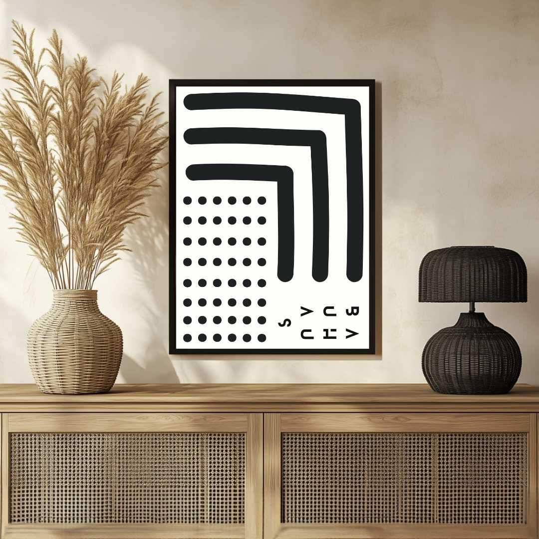 Bauhaus Abstract Minimalist L-Shaped Bars and Polka Dot Grid Poster | Vertical White Framed Wall Art 2 : 3 Vertical Premium Wall Art Canvas by MeriDeewar