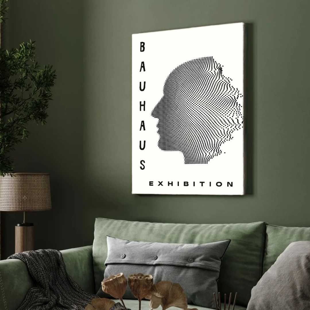 Bauhaus Abstract Pixelated Human Silhouette Exhibition Poster | Vertical High-Contrast White Framed Wall Art 2 : 3 Vertical Premium Wall Art Canvas by MeriDeewar