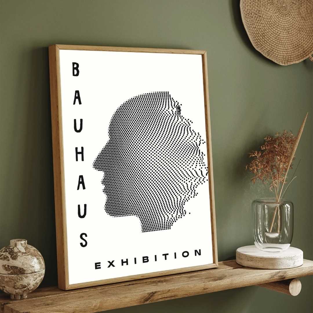 Bauhaus Abstract Pixelated Human Silhouette Exhibition Poster | Vertical High-Contrast White Framed Wall Art 2 : 3 Vertical Premium Wall Art Canvas by MeriDeewar