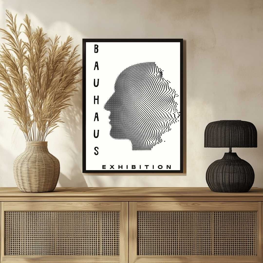 Bauhaus Abstract Pixelated Human Silhouette Exhibition Poster | Vertical High-Contrast White Framed Wall Art 2 : 3 Vertical Premium Wall Art Canvas by MeriDeewar