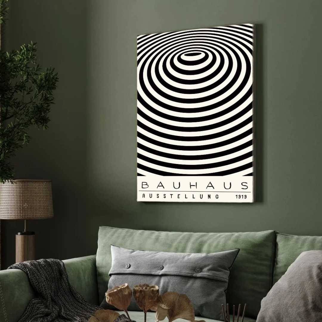 Bauhaus "Ausstellung 1919" Concentric Optical Ripple Poster | Vertical High-Contrast White Framed Wall Art 2 : 3 Vertical Premium Wall Art Canvas by MeriDeewar