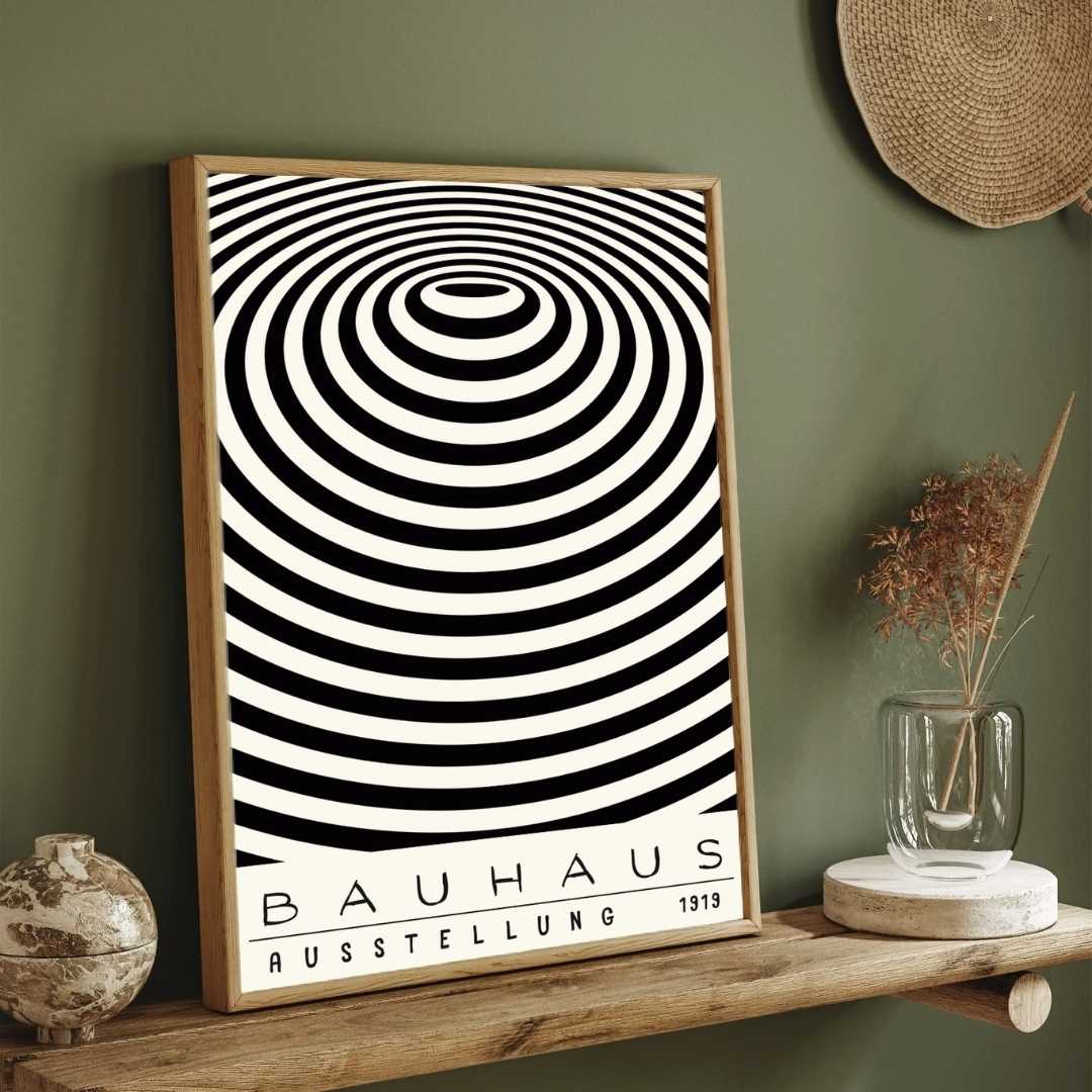 Bauhaus "Ausstellung 1919" Concentric Optical Ripple Poster | Vertical High-Contrast White Framed Wall Art 2 : 3 Vertical Premium Wall Art Canvas by MeriDeewar