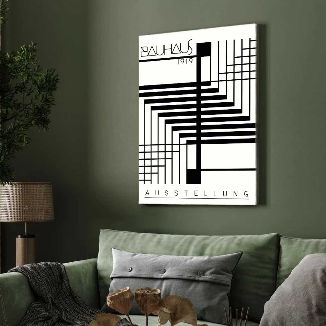 Bauhaus "Ausstellung 1919" Intersecting Geometric Grid & Step Tracks Poster | Vertical High-Contrast White Framed Wall Art 2 : 3 Vertical Premium Wall Art Canvas by MeriDeewar