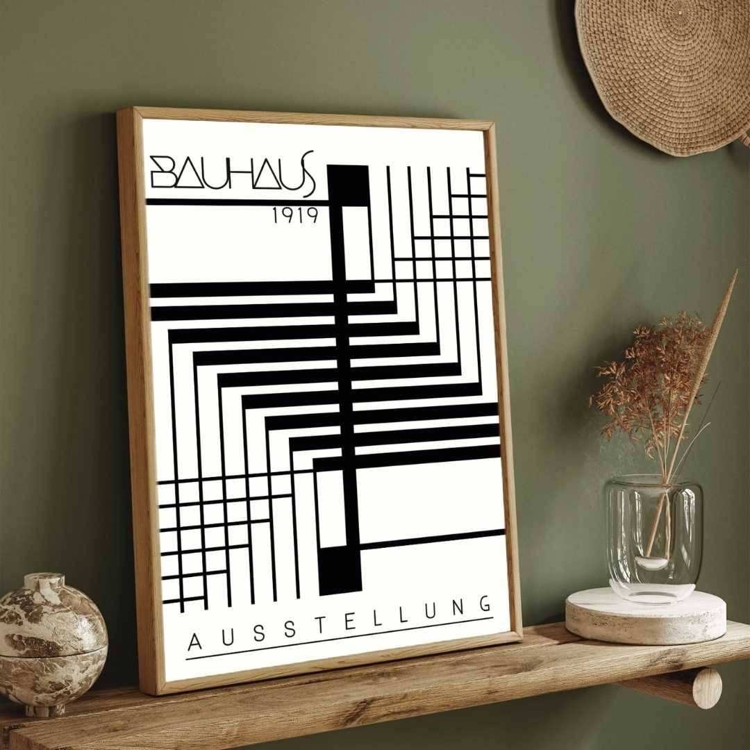 Bauhaus "Ausstellung 1919" Intersecting Geometric Grid & Step Tracks Poster | Vertical High-Contrast White Framed Wall Art 2 : 3 Vertical Premium Wall Art Canvas by MeriDeewar