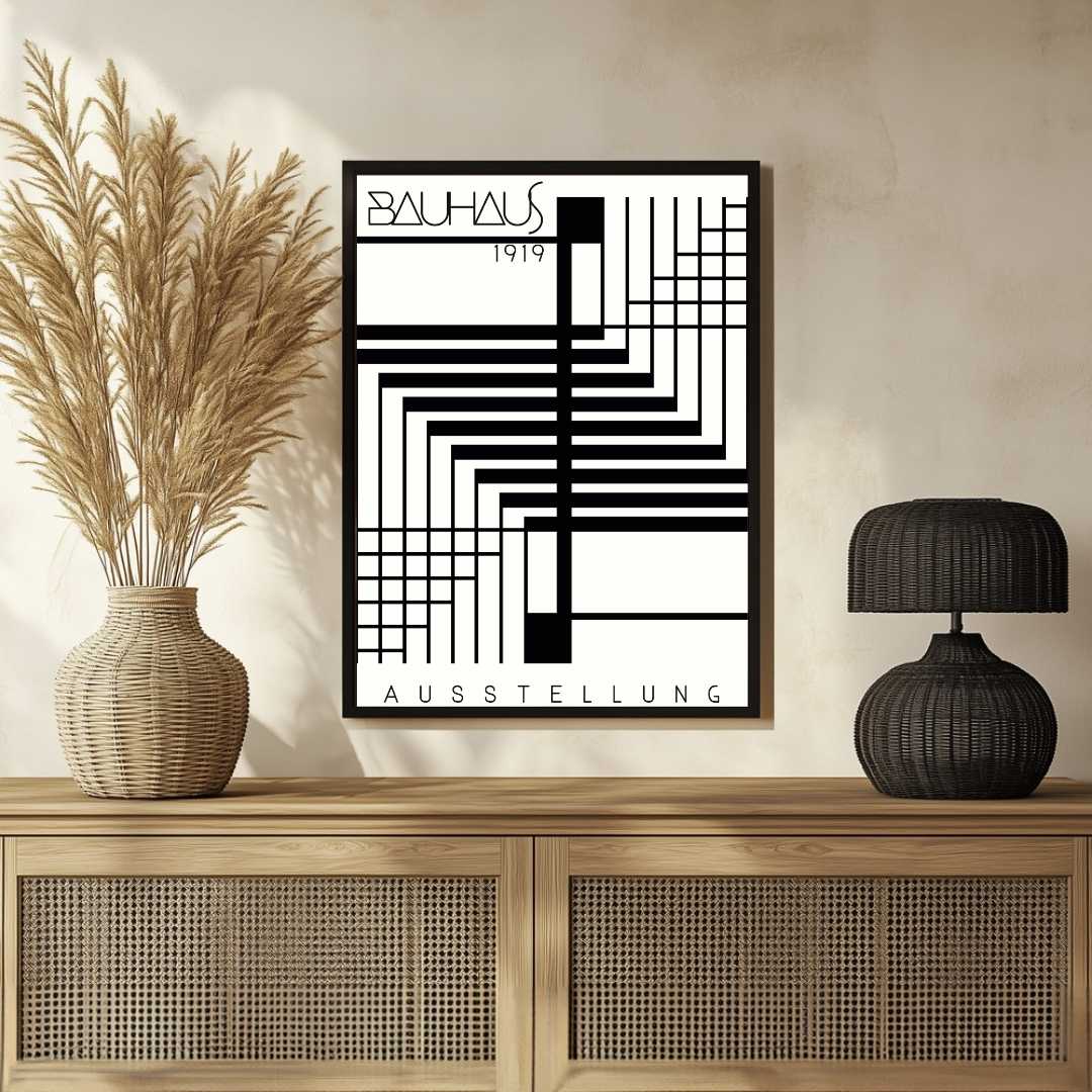 Bauhaus "Ausstellung 1919" Intersecting Geometric Grid & Step Tracks Poster | Vertical High-Contrast White Framed Wall Art 2 : 3 Vertical Premium Wall Art Canvas by MeriDeewar