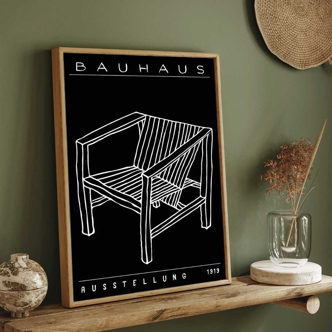Bauhaus "Ausstellung 1919" Minimalist Armchair Sketch Poster | Vertical High-Contrast White Framed Wall Art 2 : 3 Vertical Premium Wall Art Canvas by MeriDeewar