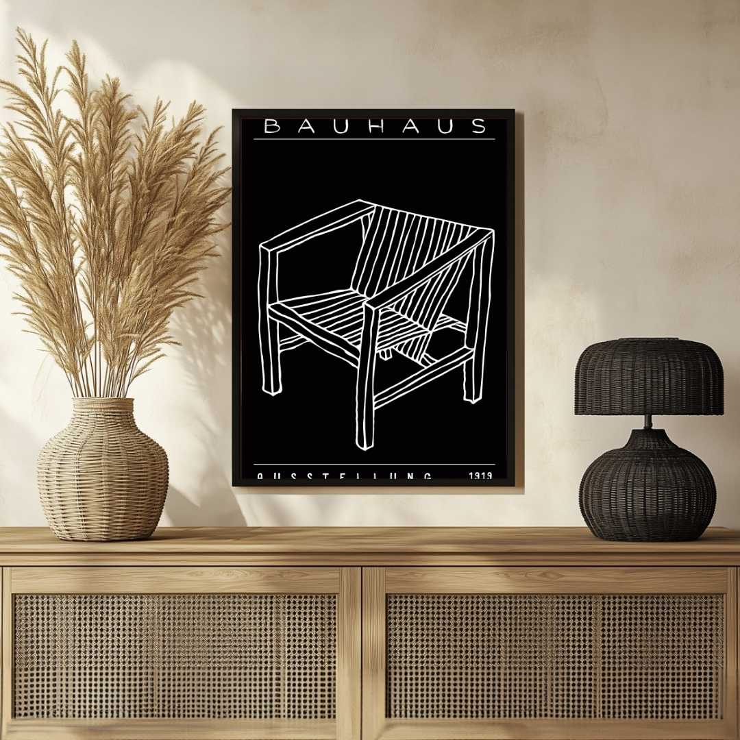 Bauhaus "Ausstellung 1919" Minimalist Armchair Sketch Poster | Vertical High-Contrast White Framed Wall Art 2 : 3 Vertical Premium Wall Art Canvas by MeriDeewar