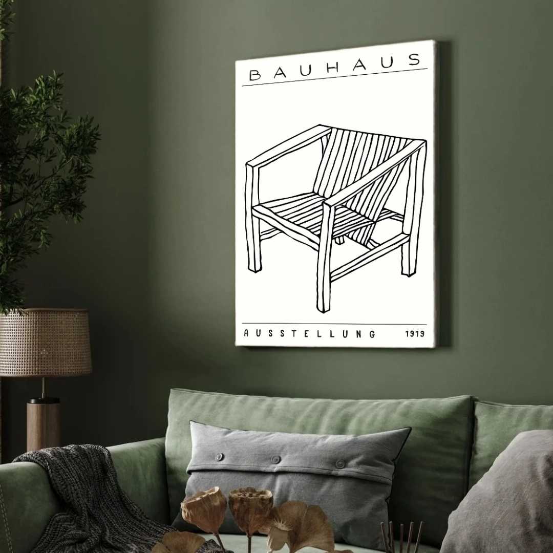 Bauhaus "Ausstellung 1919" Minimalist Armchair Sketch White Poster | Vertical High-Contrast White Framed Wall Art 2 : 3 Vertical Premium Wall Art Canvas by MeriDeewar