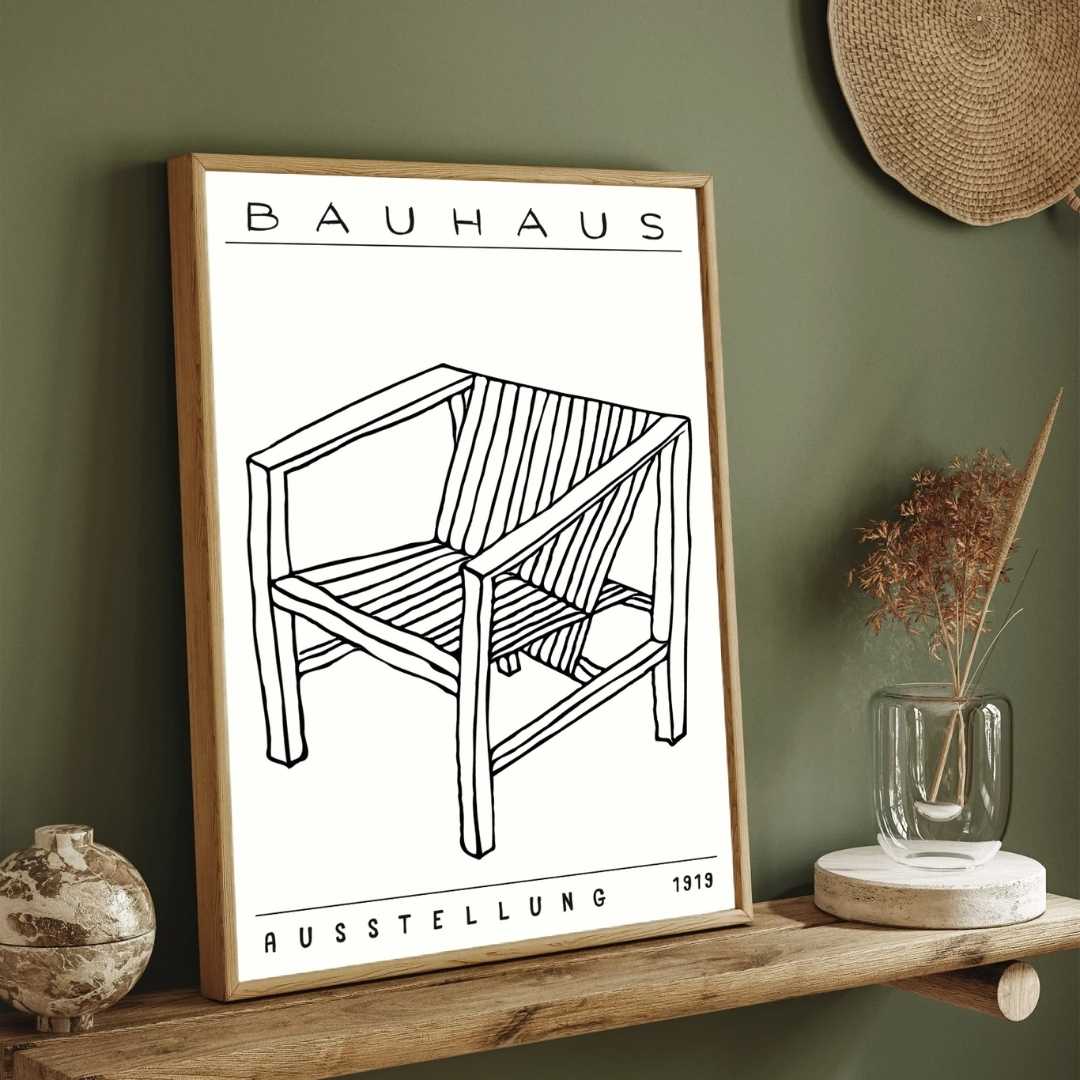 Bauhaus "Ausstellung 1919" Minimalist Armchair Sketch White Poster | Vertical High-Contrast White Framed Wall Art 2 : 3 Vertical Premium Wall Art Canvas by MeriDeewar