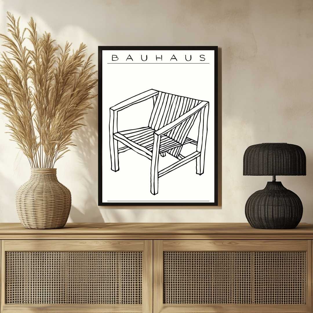 Bauhaus "Ausstellung 1919" Minimalist Armchair Sketch White Poster | Vertical High-Contrast White Framed Wall Art 2 : 3 Vertical Premium Wall Art Canvas by MeriDeewar