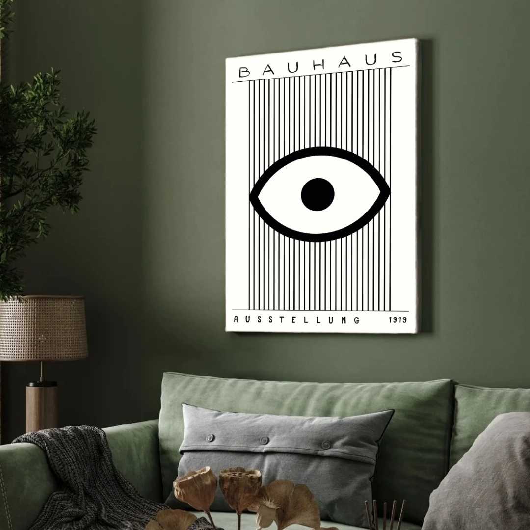 Bauhaus "Ausstellung 1919" Minimalist Eye and Vertical Lines Poster | Vertical High-Contrast White Framed Wall Art 2 : 3 Vertical Premium Wall Art Canvas by MeriDeewar