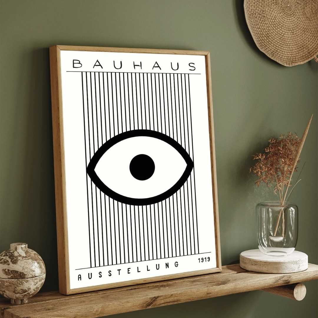 Bauhaus "Ausstellung 1919" Minimalist Eye and Vertical Lines Poster | Vertical High-Contrast White Framed Wall Art 2 : 3 Vertical Premium Wall Art Canvas by MeriDeewar