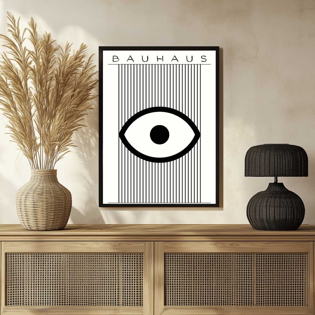 Bauhaus "Ausstellung 1919" Minimalist Eye and Vertical Lines Poster | Vertical High-Contrast White Framed Wall Art 2 : 3 Vertical Premium Wall Art Canvas by MeriDeewar