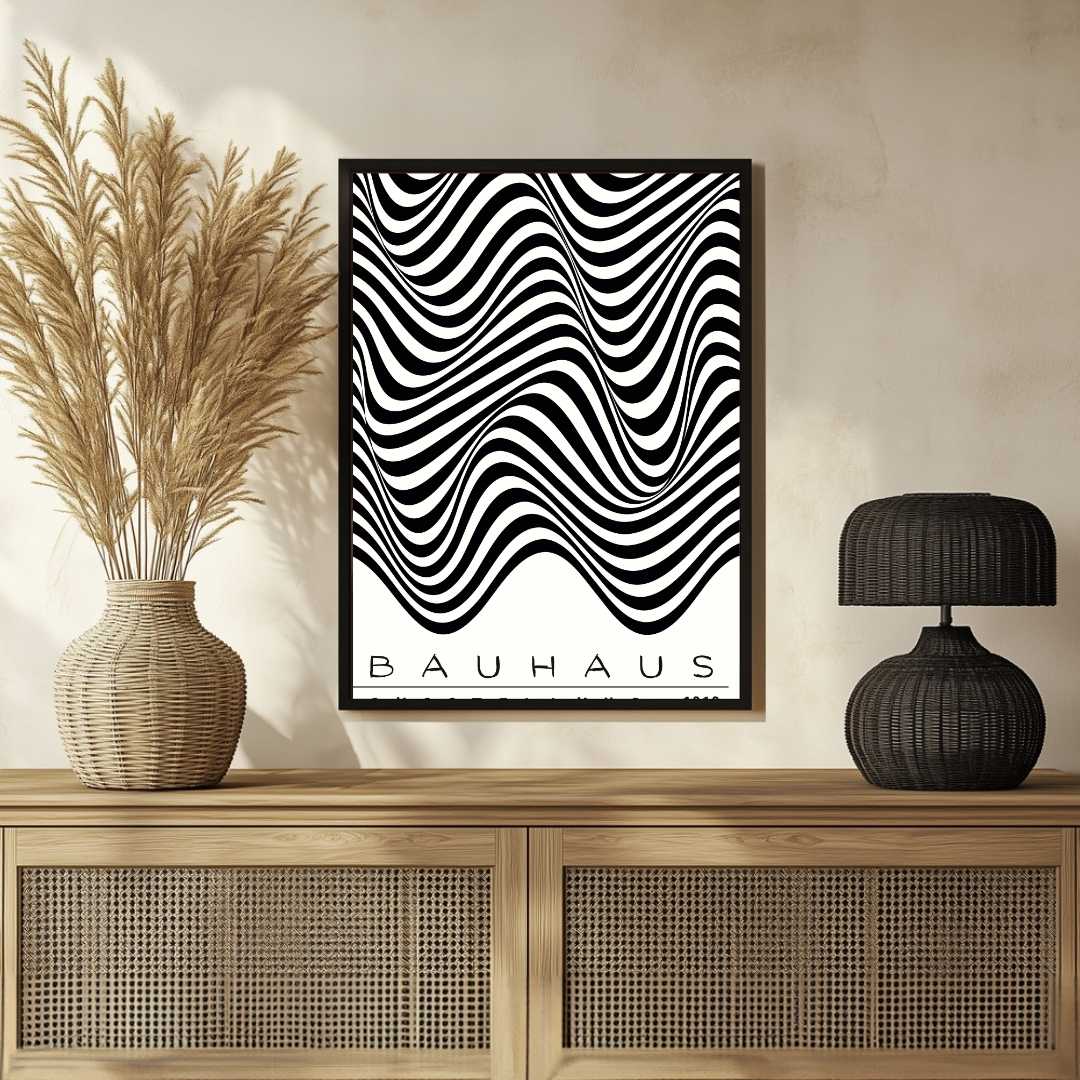 Bauhaus "Ausstellung 1919" Optical Distortion Waves Poster | Vertical High-Contrast White Framed Wall Art 2 : 3 Vertical Premium Wall Art Canvas by MeriDeewar