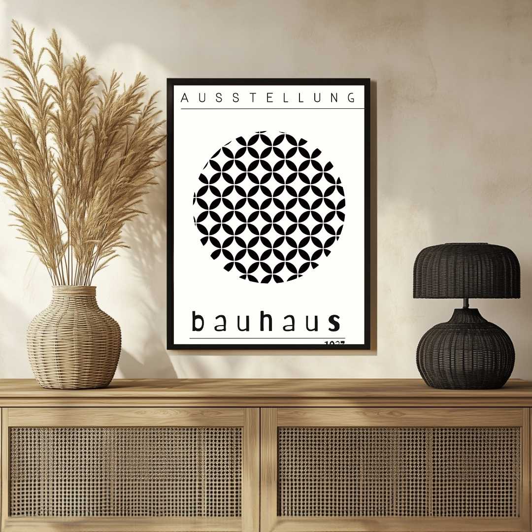 Bauhaus "Ausstellung 1923" Circular Lattice Petal Poster | Vertical High-Contrast White Framed Wall Art 2 : 3 Vertical Premium Wall Art Canvas by MeriDeewar