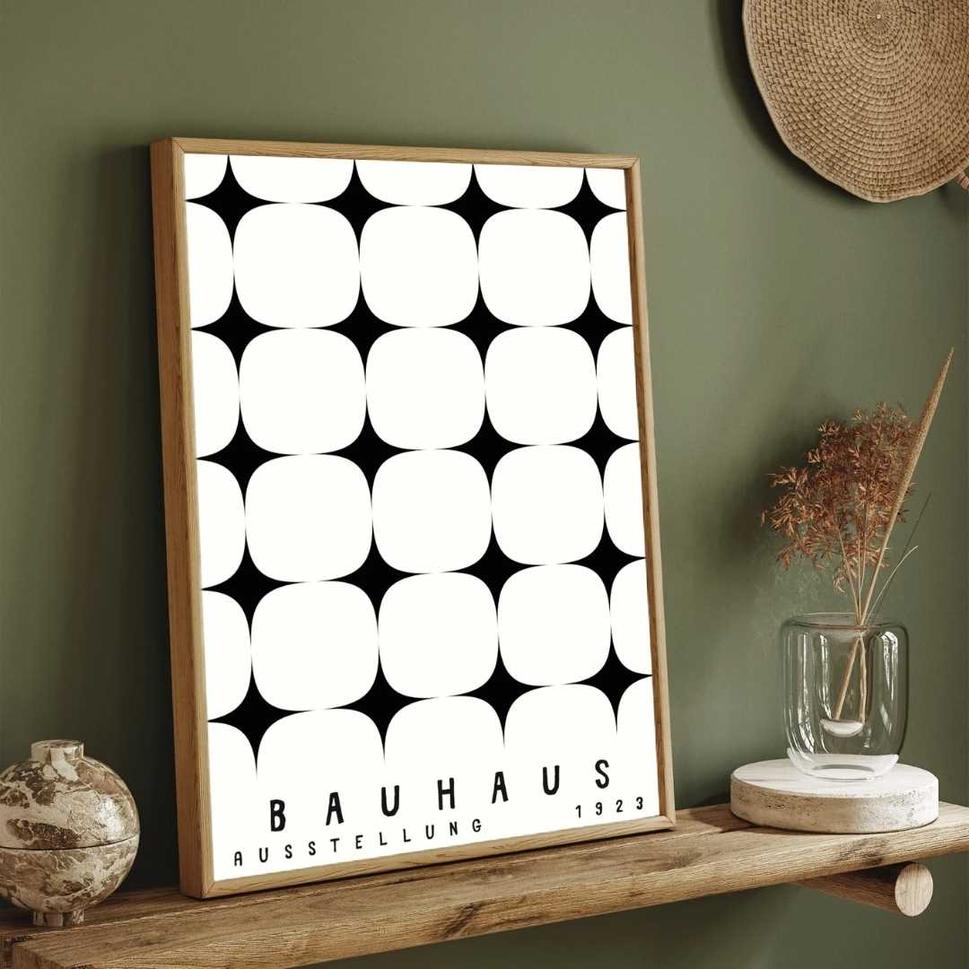 Bauhaus "Ausstellung 1923" Four-Point Geometric Star Matrix Poster | Vertical High-Contrast White Framed Wall Art 2 : 3 Vertical Premium Wall Art Canvas by MeriDeewar